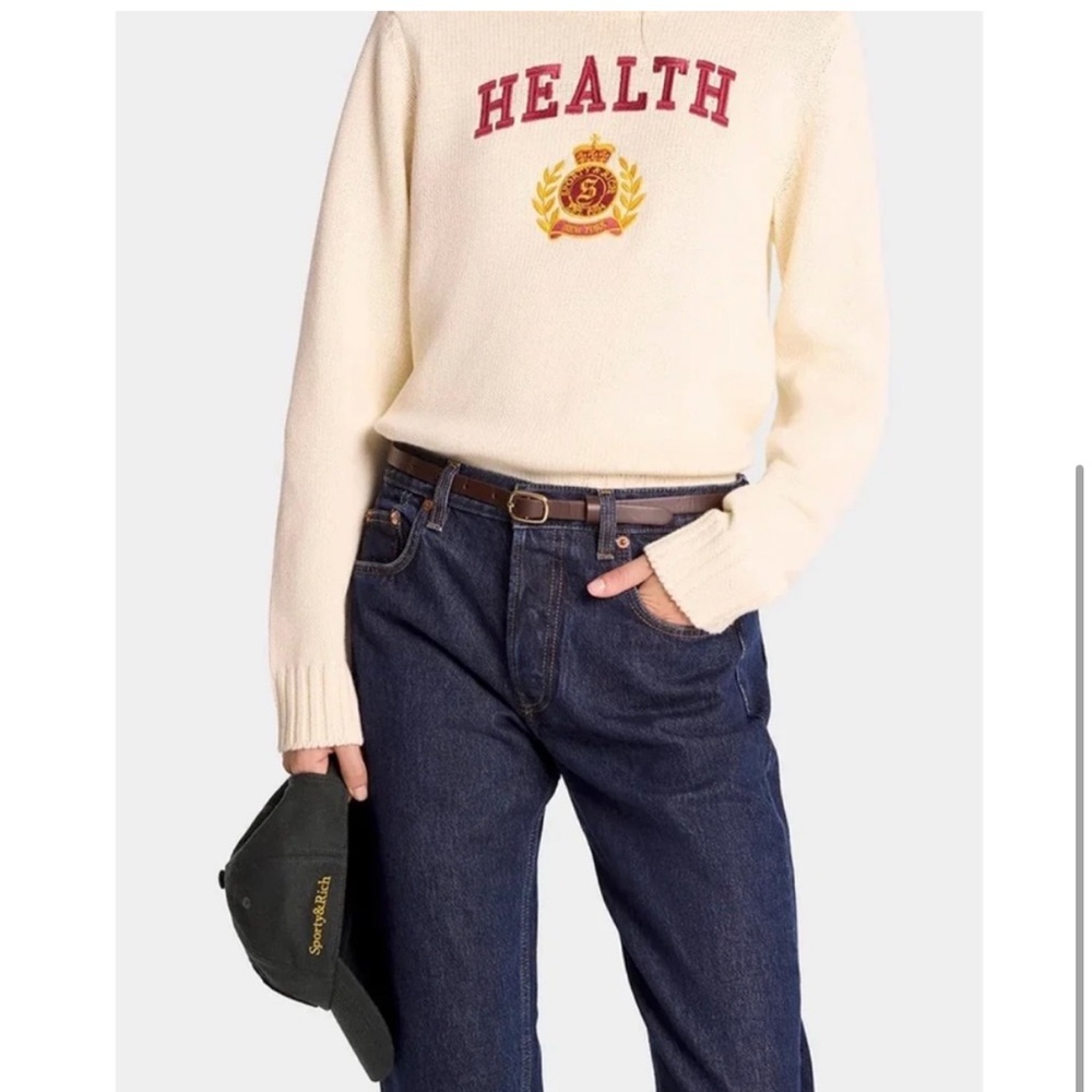 Sporty & Rich Cream Crewneck Sweater with Red Lettering and Gold Crest